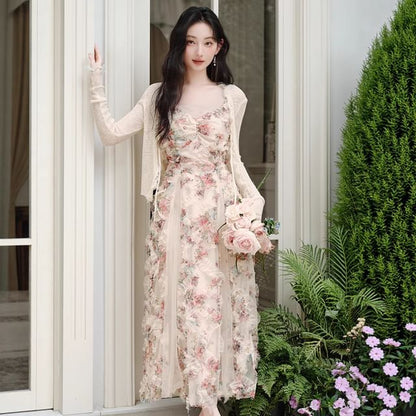 Spaghetti Strap V-Neck Floral Print Sheer Panel Ruffle Trim Maxi A-Line Dress / Lace Trim Tie Front Cardigan / Set