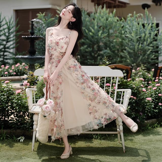 Spaghetti Strap V-Neck Floral Print Sheer Panel Ruffle Trim Maxi A-Line Dress / Lace Trim Tie Front Cardigan / Set