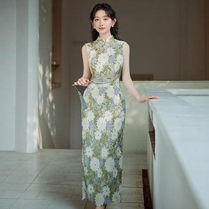 Sleeveless Stand Collar Floral Lace Maxi Sheath Qipao / Plain Crop Cardigan / Set