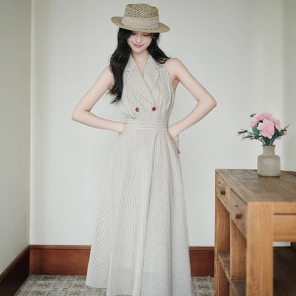 Halter Neck Notch Lapel Striped Buttoned Midi A-Line Dress / Plain Lettuce Edge Crop Cardigan / Set