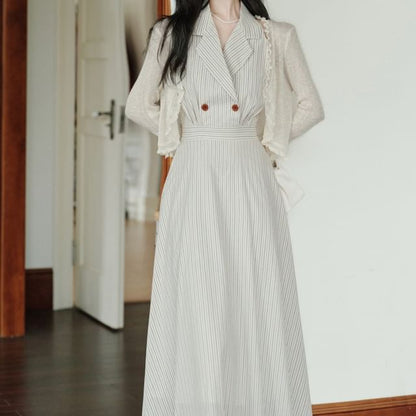 Halter Neck Notch Lapel Striped Buttoned Midi A-Line Dress / Plain Lettuce Edge Crop Cardigan / Set