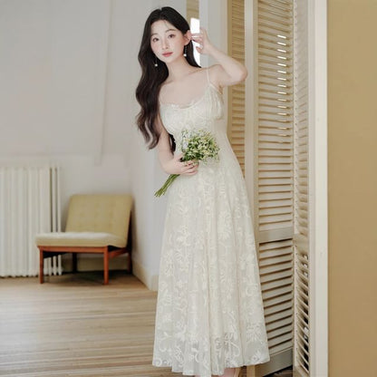 Spaghetti Strap V-Neck Lace Maxi A-Line Dress / Plain Flower Accent Crop Cardigan / Set