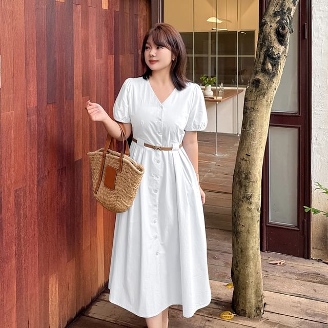 Plus Size Set: Puff-Sleeve V-Neck Button-Up Plain Midi A-Line Dress + Belt