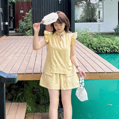 Plus Size Cap-Sleeve Stand Collar Floral Print Cutout Frog Buttoned Blouse