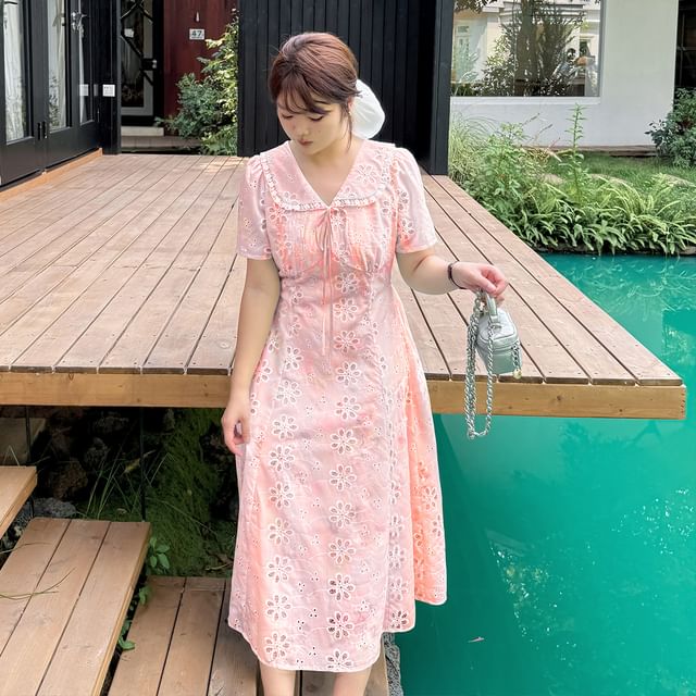 Plus Size Short-Sleeve Peter Pan Collar Floral Print Embroidered Lace Trim Midi A-Line Dress