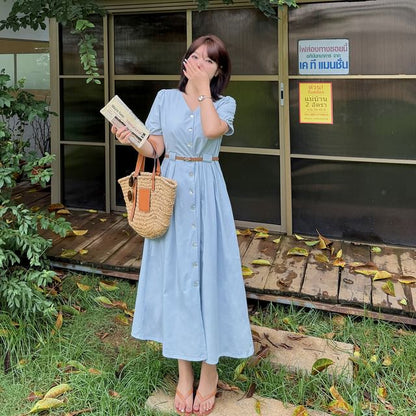 Plus Size Set: Puff-Sleeve V-Neck Button-Up Plain Midi A-Line Dress + Belt