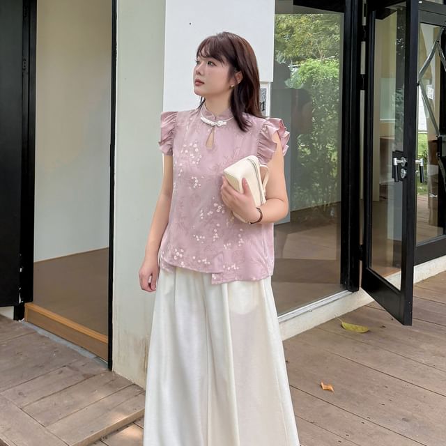 Plus Size Cap-Sleeve Stand Collar Floral Print Cutout Frog Buttoned Blouse