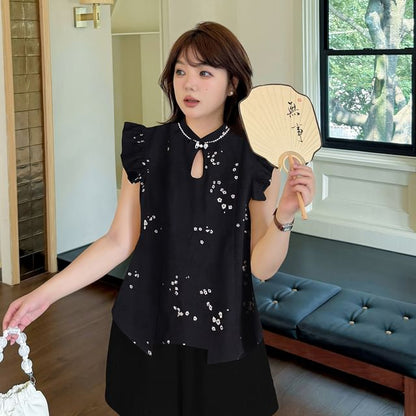 Plus Size Cap-Sleeve Stand Collar Floral Print Cutout Frog Buttoned Blouse