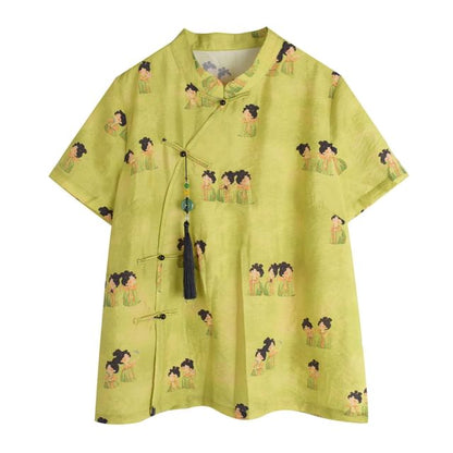 Plus Size Short-Sleeve Stand Collar Patterned Tassel Frog Buttoned Blouse / Elastic Waist Wide Leg Shorts