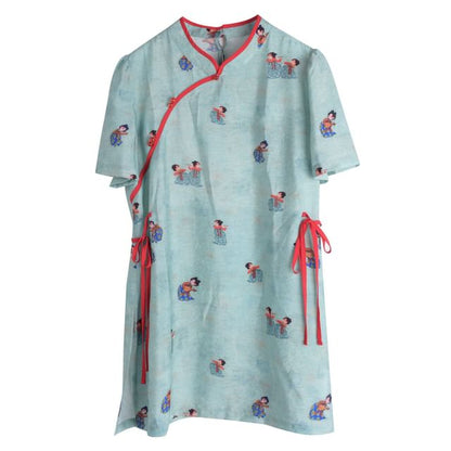 Plus Size Short-Sleeve Stand Collar Patterned Contrast Trim Tie Waist Blouse / Elastic Waist Wide Leg Shorts