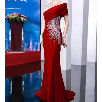 Evening Sequin Neck Sleeve Short Trumpet Round Mesh Gown Panel