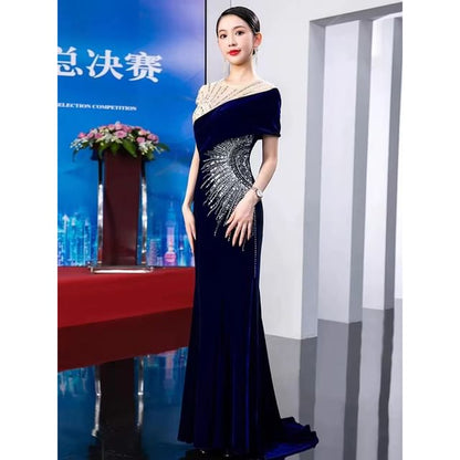 Short Sleeve Round Neck Sequin Panel Mesh Trumpet Evening Gown
