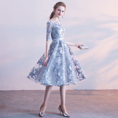 Elbow-Sleeve Boat Neck Patterned A-Line Cocktail Dress