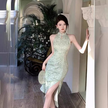 Sleeveless Floral Slit Maxi Qipao