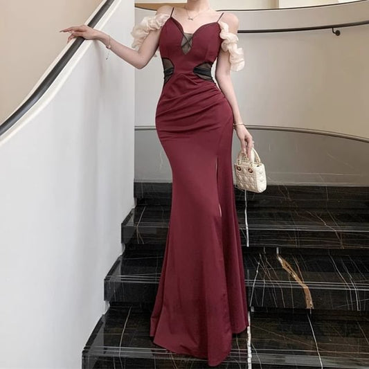 Mermaid Strap Spaghetti Gown Sheer Panel Slit V-Neck Ruched Evening