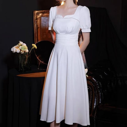 Puff-Sleeve Notch Neck Plain Faux Pearl Accent Midi A-Line Wedding Dress