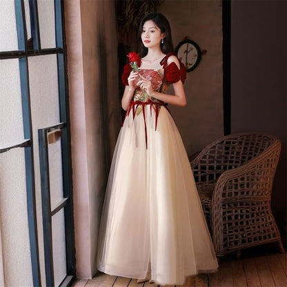 Short-Sleeve Cold Shoulder Floral Print Bow Accent A-Line Evening Gown