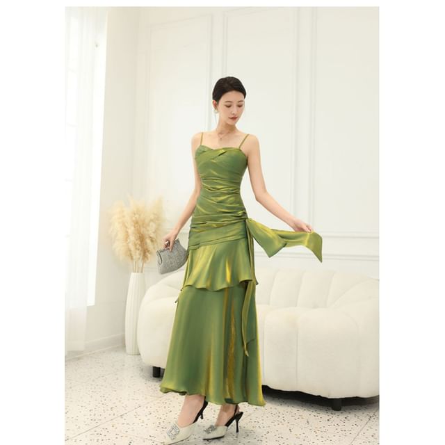 Spaghetti Strap Plain Ruffle Panel Ruched Mermaid Evening Dress
