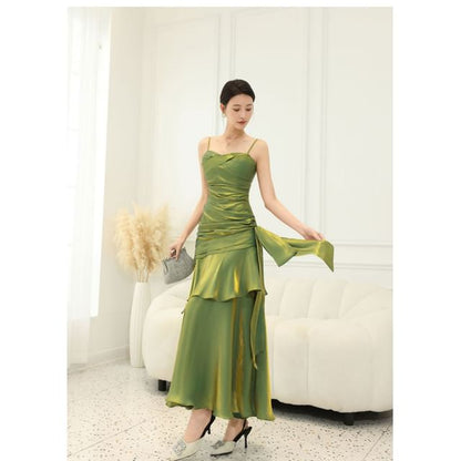 Spaghetti Strap Plain Ruffle Panel Ruched Mermaid Evening Dress
