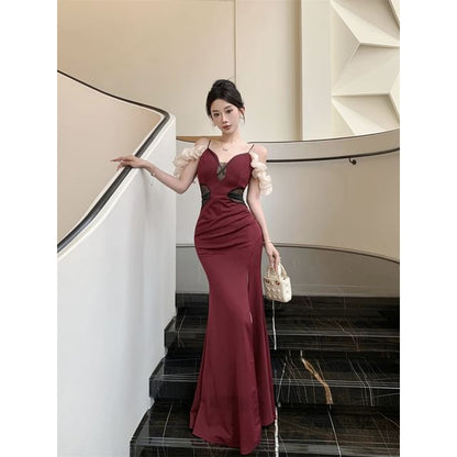 Mermaid Strap Spaghetti Gown Sheer Panel Slit V-Neck Ruched Evening