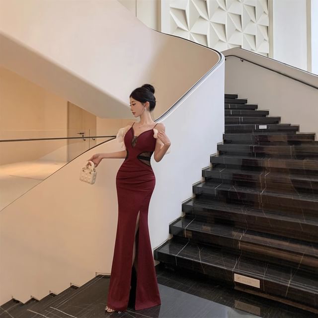 Mermaid Strap Spaghetti Gown Sheer Panel Slit V-Neck Ruched Evening