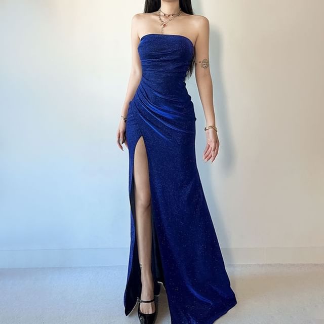 Strapless Glitter Ruched Slit Mermaid Evening Gown