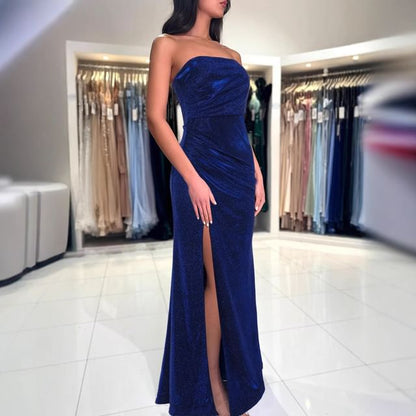 Strapless Plain Ruched Slit Sheath Evening Dress