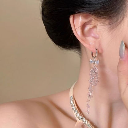 Huggie Rhinestone Bow Drop Fringed Earring