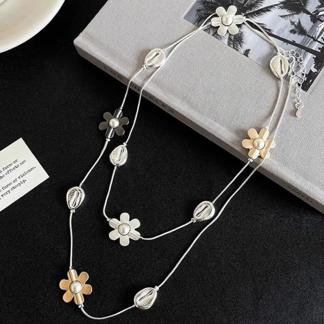 Pearl Necklace Long Flower Faux