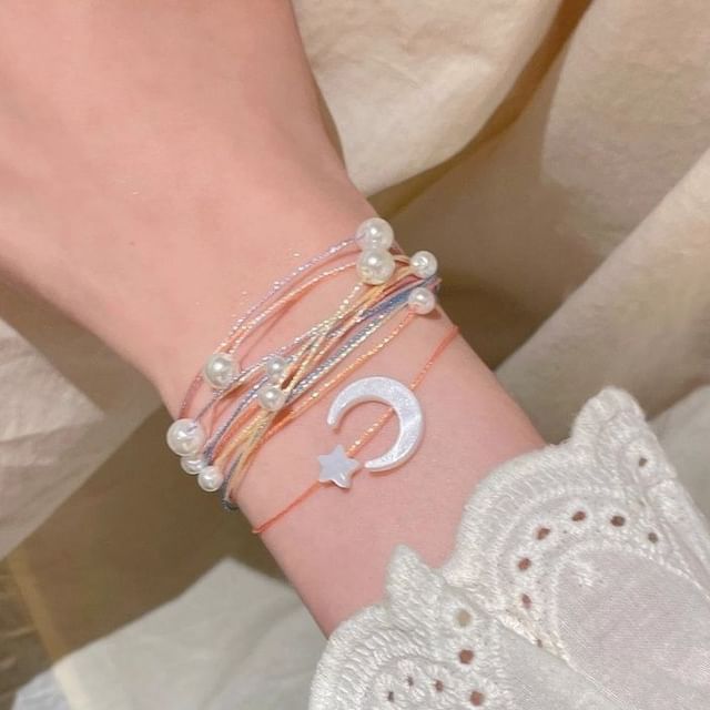 Faux Bracelet String Pearl Moon Layered