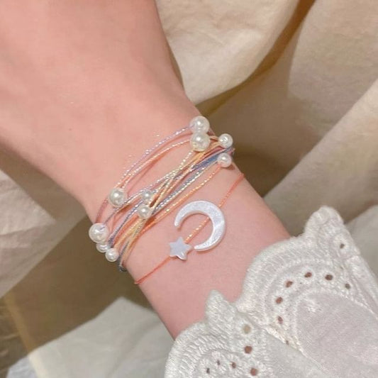 Faux Bracelet String Pearl Moon Layered