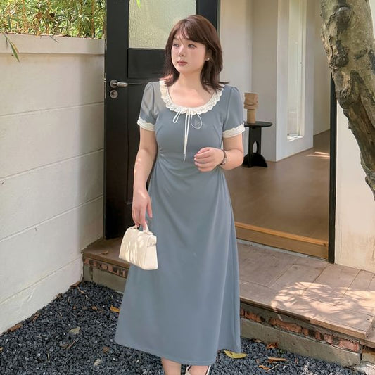 Plus Size Short-Sleeve Round Neck Lace Trim Midi A-Line Dress