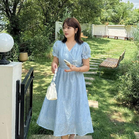 Plus Size Short Sleeve V-Neck Floral Embroidered Midi A-Line Dress