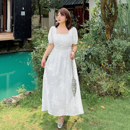 Plus Size Short-Sleeve Square Neck Floral Embroidered Midi A-Line Dress