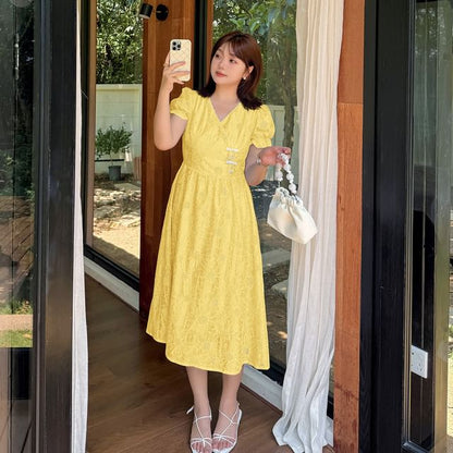 Plus Size Short Sleeve V-Neck Floral Embroidered Midi A-Line Dress