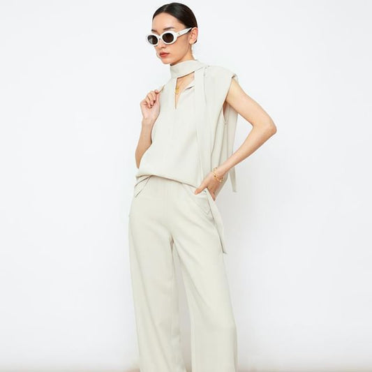 Plain Sleeveless Top / High-Waisted Straight Pants