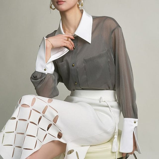 Two-Tone Sheer Long-Sleeved Shirt & Camisole Set