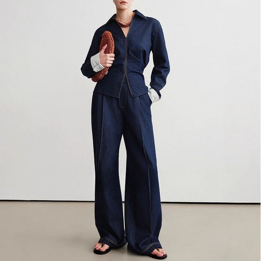 Denim Long-Sleeved Shirt / High-Rise Wide-Leg Jeans