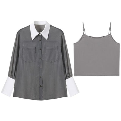 Two-Tone Sheer Long-Sleeved Shirt & Camisole Set