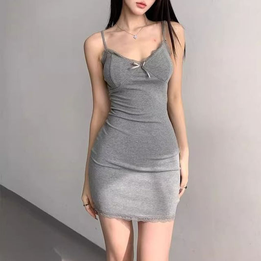 Spaghetti Plain Bodycon Mini Dress Trim Lace V-Neck Strap