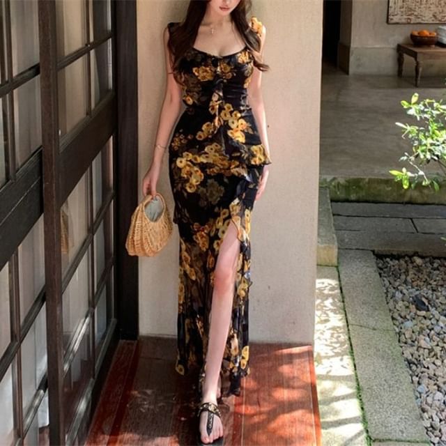 Floral Sleeveless Maxi Neck Dress Print Sweetheart