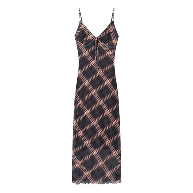 Maxi Sleeveless V-Neck Plaid Print Dress