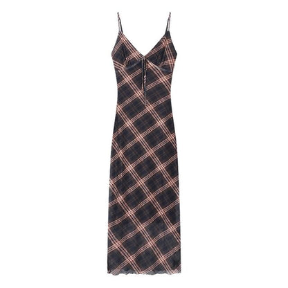 Maxi Sleeveless V-Neck Plaid Print Dress