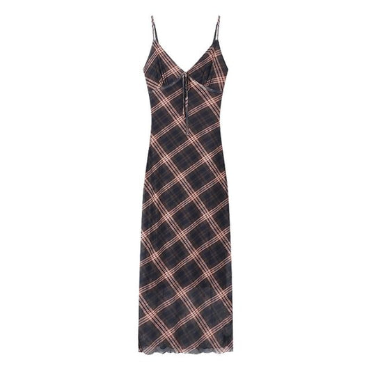 Maxi Sleeveless V-Neck Plaid Print Dress