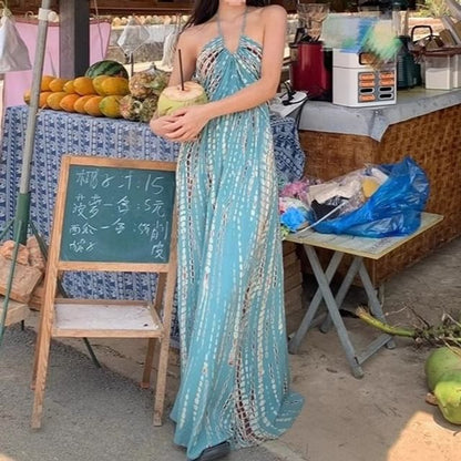 Sleeveless Neck Dress Printed Halter Maxi