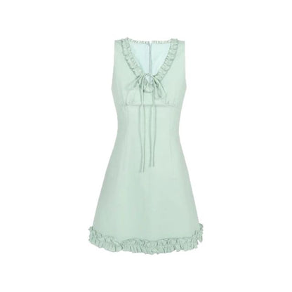 V-neck Trim Mini Dress Sleeveless Ruffle