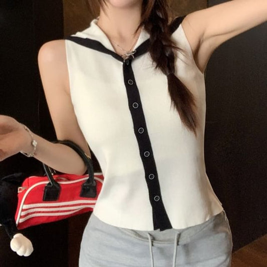 Sailor Top Button-Up Collar Knit Sleeveless