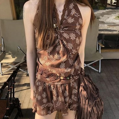 Print / Sleeveless Mini Top V-Neck Skirt