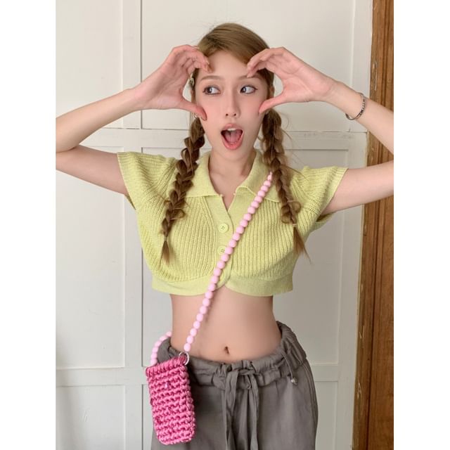 Plain Collared Crop Top Knit Short-Sleeve