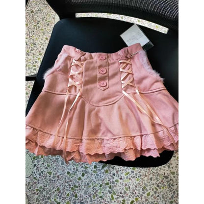 Trim High Lace Waist Tiered Skirt Mini Knit